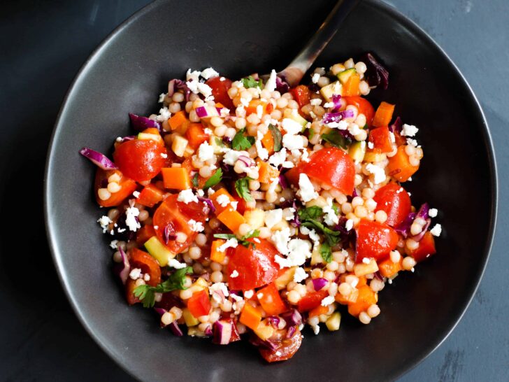 This Spicy Israeli Couscous Salad is easy to throw together and so vibrant in colors and flavors!