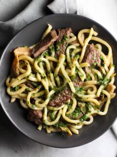 Try this Steak and Udon Noodle Salad with Chimichurri Sauce for a light and refreshing dish!