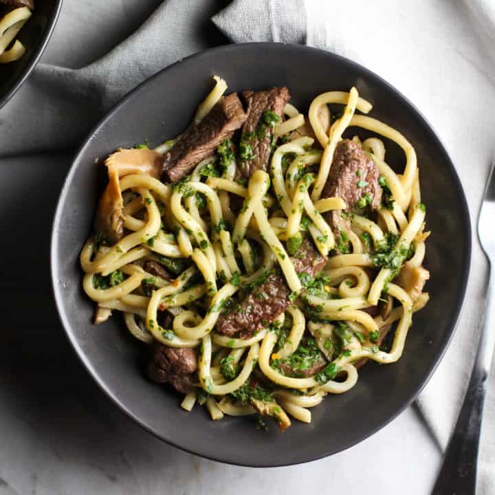 Try this Steak and Udon Noodle Salad with Chimichurri Sauce for a light and refreshing dish!