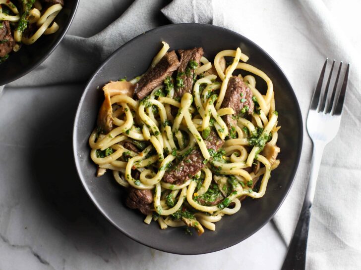 Try this Steak and Udon Noodle Salad with Chimichurri Sauce for a light and refreshing dish!