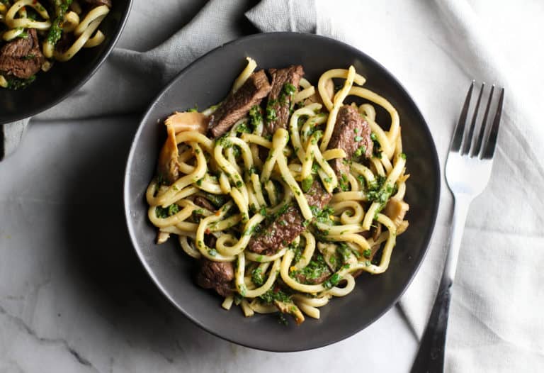 Try this Steak and Udon Noodle Salad with Chimichurri Sauce for a light and refreshing dish!