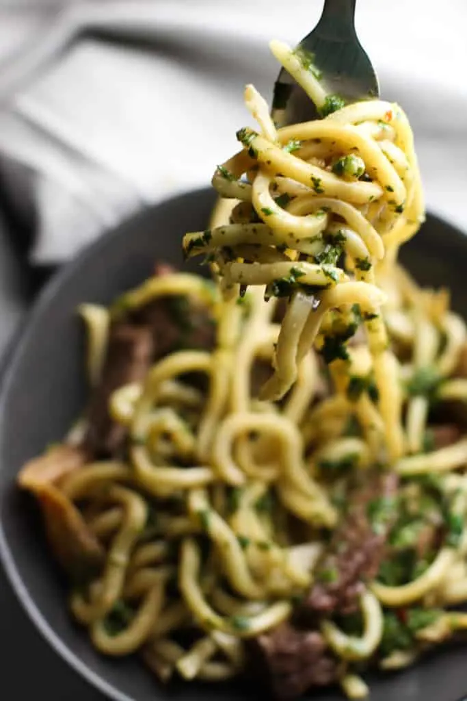 Try this Steak and Udon Noodle Salad with Chimichurri Sauce for a light and refreshing dish!