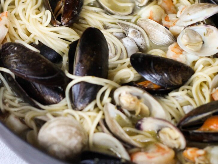 This Easy Seafood Pasta with White Wine Butter Sauce is quick enough for a week night, but still great to impress your guests!