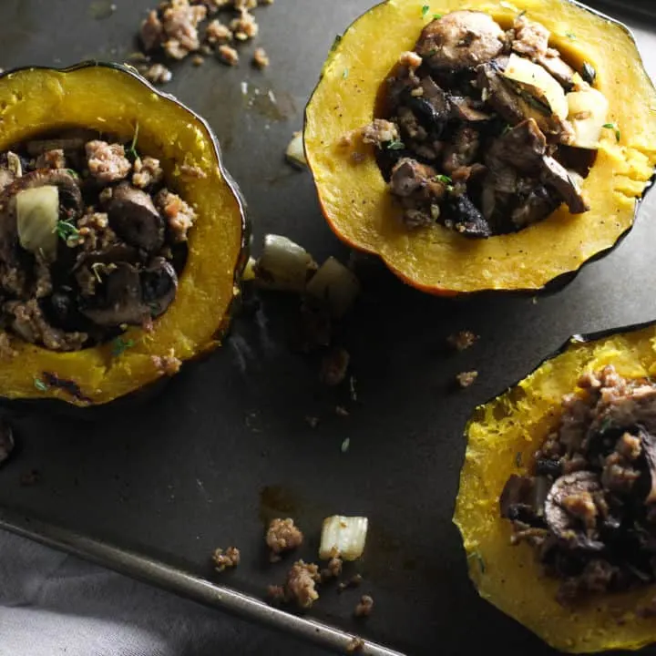 This Roasted Acorn Squash with Sausage, Fennel, and Mushrooms is an easy dish with warm fall flavors!