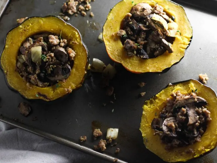 This Roasted Acorn Squash with Sausage, Fennel, and Mushrooms is an easy dish with warm fall flavors!