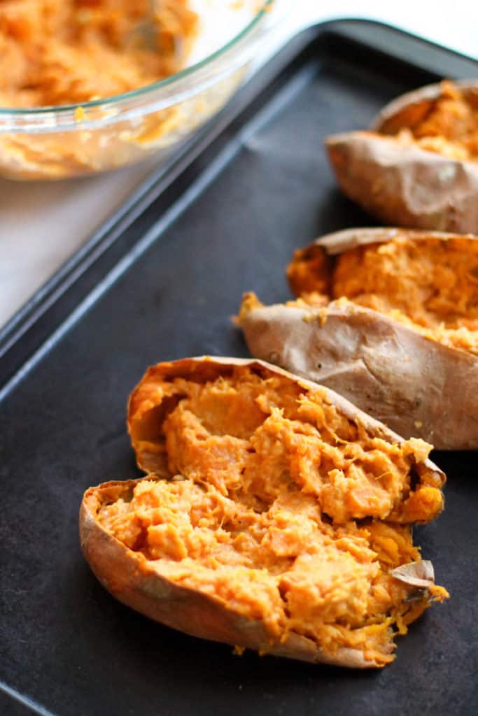 These Twice Baked Sweet Potatoes are easy to make and so delicious! It's basically eating dessert for dinner!