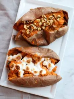 These Twice Baked Sweet Potatoes are easy to make and so delicious! It's basically eating dessert for dinner!