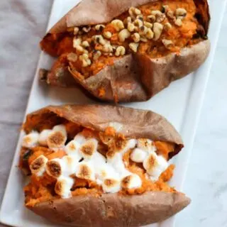 These Twice Baked Sweet Potatoes are easy to make and so delicious! It's basically eating dessert for dinner!