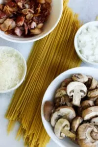 This Mushroom, Bacon, and Parmesan Spaghetti is so savory and easy to make!