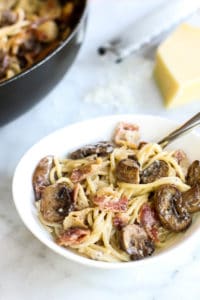 This Mushroom, Bacon, and Parmesan Spaghetti is so savory and easy to make!