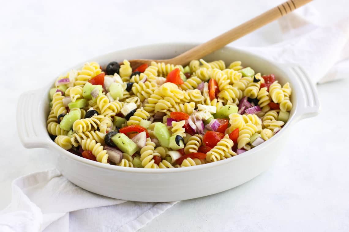 This Greek Pasta Salad is full of refreshing flavors and easy to throw together!