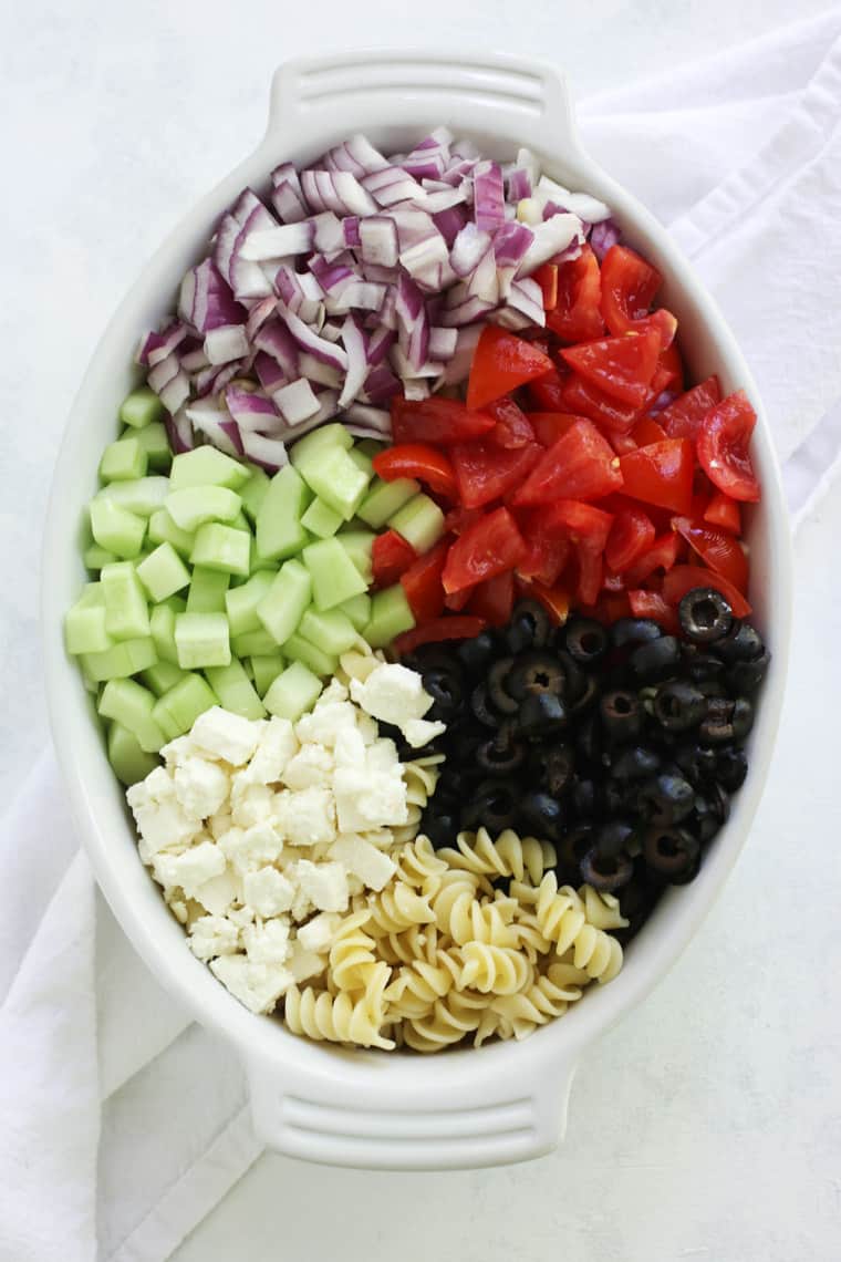 This Greek Pasta Salad is full of refreshing flavors and easy to throw together!