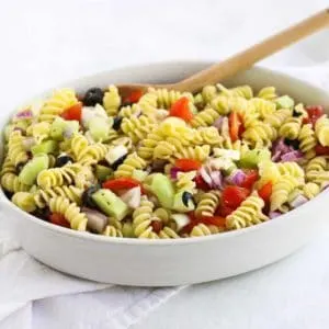 This Greek Pasta Salad is full of refreshing flavors and easy to throw together!