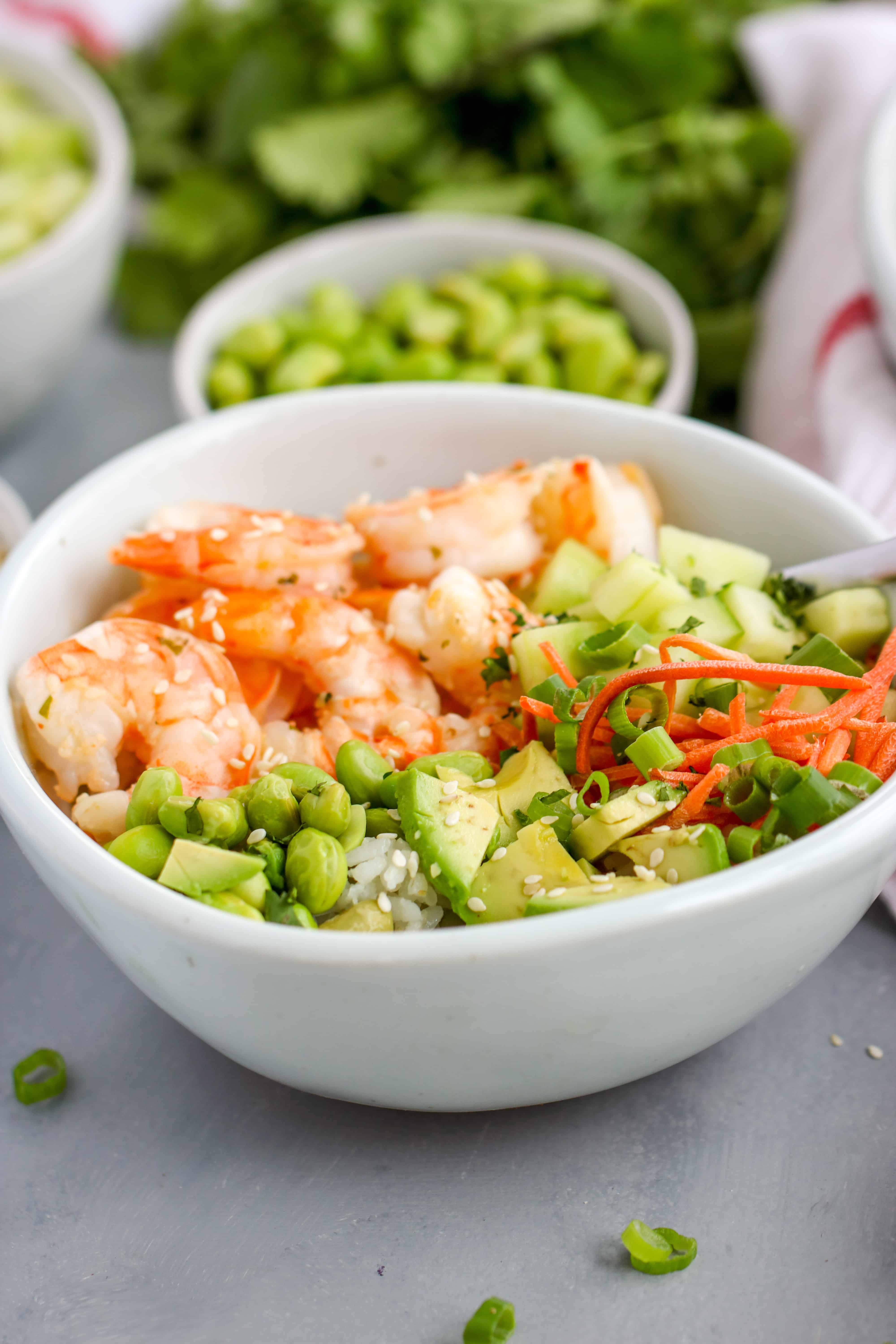 This Sesame Shrimp Sushi Bowl is so light and flavorful which is perfect for hot weather.