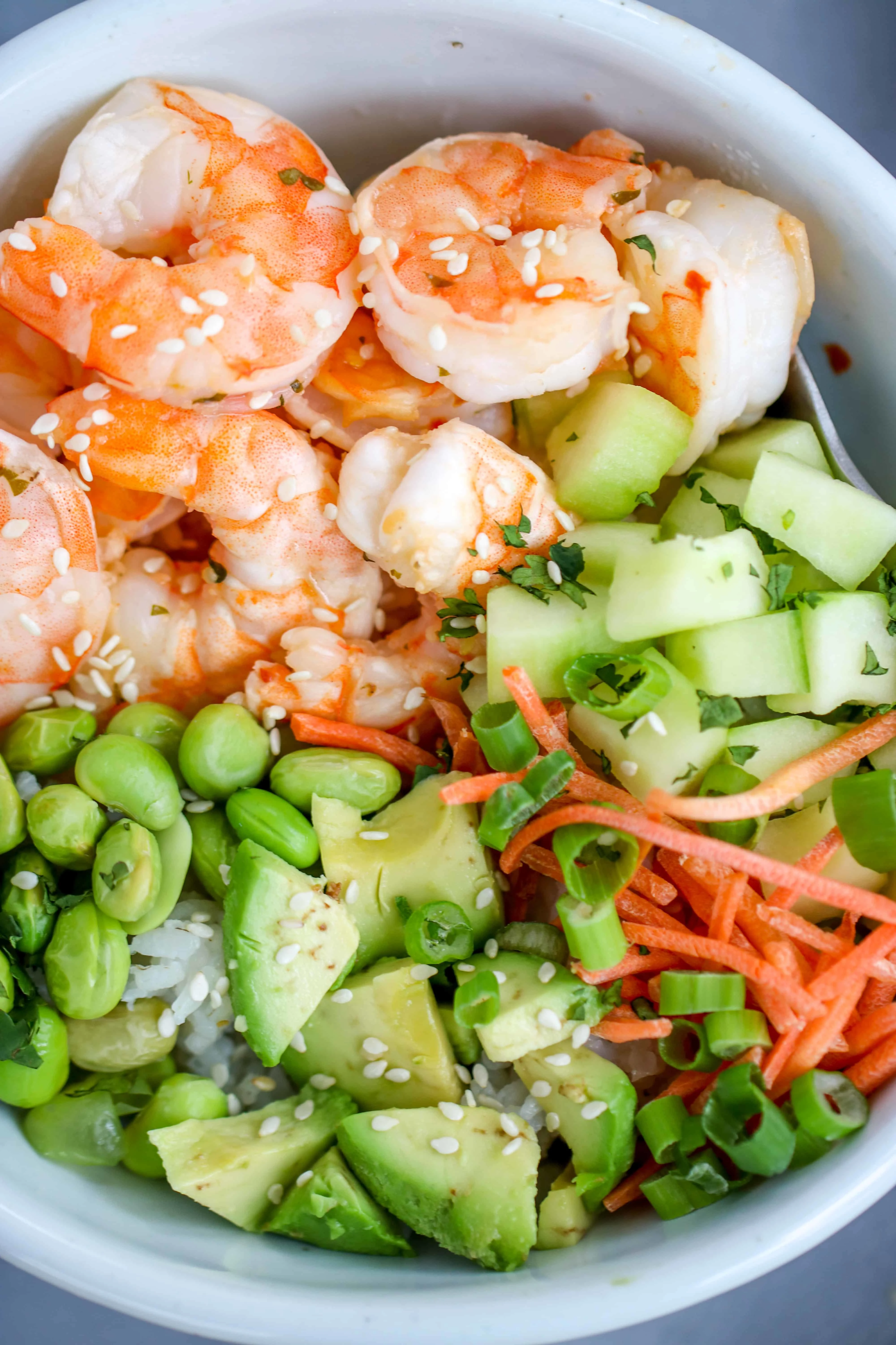 This Sesame Shrimp Sushi Bowl is so light and flavorful which is perfect for hot weather.