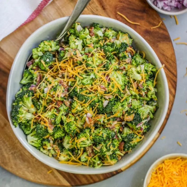 This easy Broccoli Salad with Bacon will become a classic for all of your potlucks and tailgates with just a few ingredients needed to bring it together.