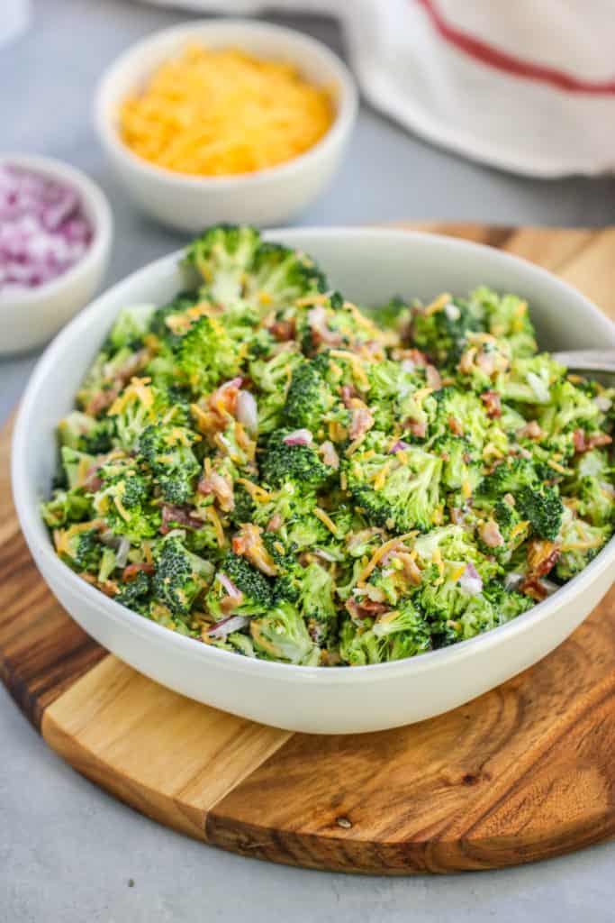 This easy Broccoli Salad with Bacon will become a classic for all of your potlucks and tailgates with just a few ingredients needed to bring it together.