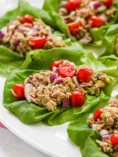 a close up image of the tuna avocado lettuce wraps