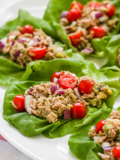 a close up image of the tuna avocado lettuce wraps