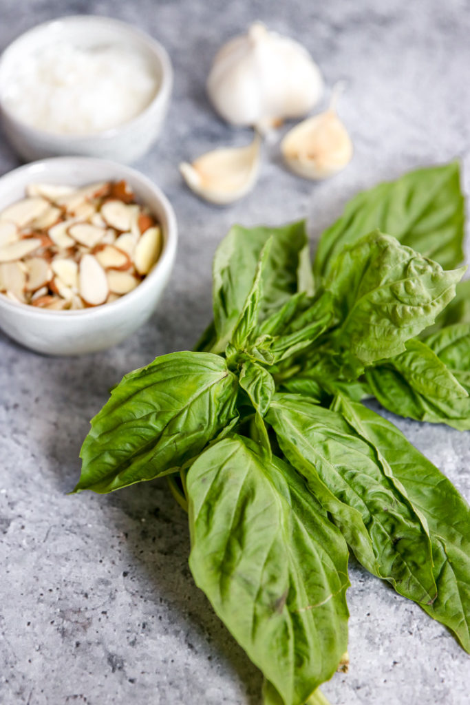 a bunch of basil, slivered almonds, and garlic cloves