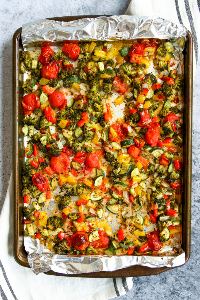 a sheet pan of roasted vegetables