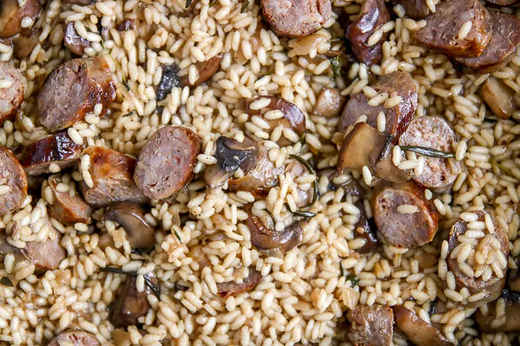 a close up of sliced sausage, mushrooms, and arborio rice