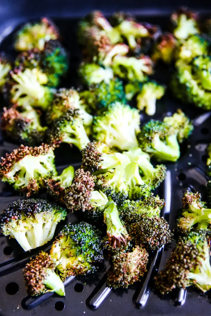 air fried broccoli in the air fryer basket