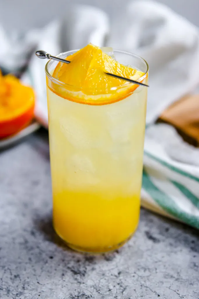 a closeup of a sliced orange in a cocktail pick on top of the glass