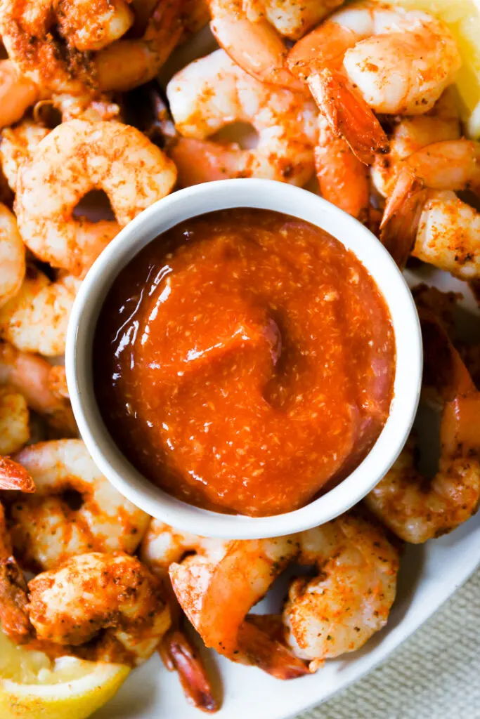 an overhead shot of cocktail sauce in a bowl