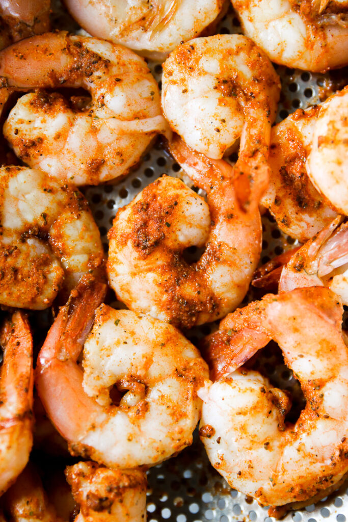 steamed shrimp on a steam basket