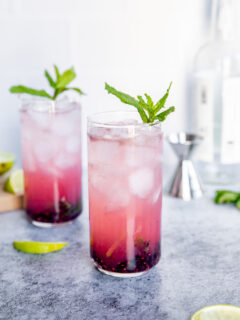 two blackberry mojitos with mint leaves and lime slices surrounding them