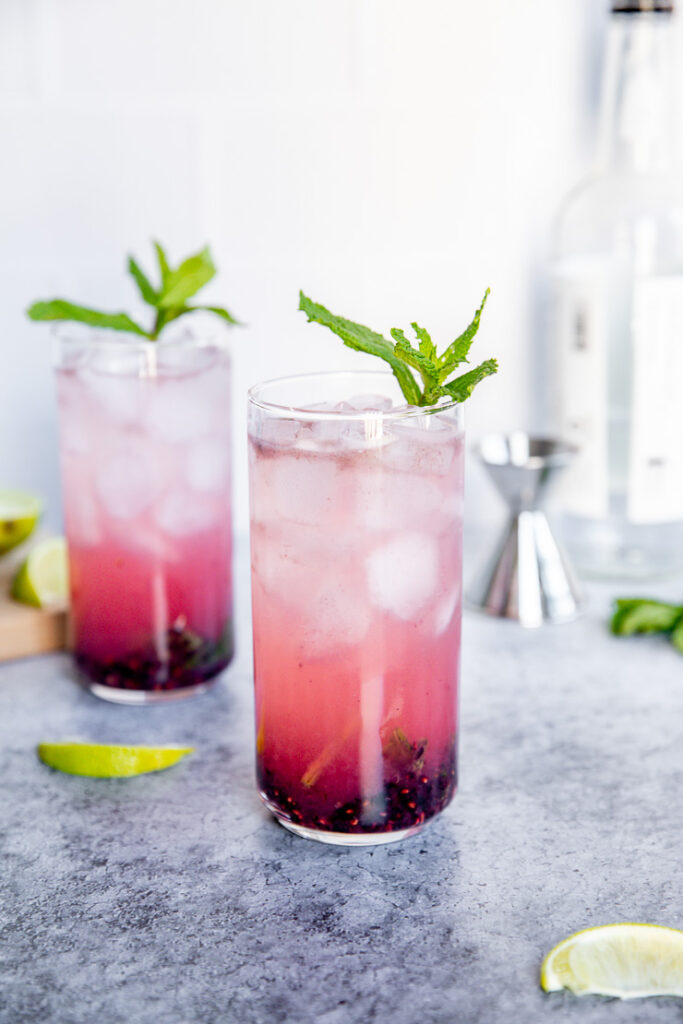 two blackberry mojitos with mint leaves and lime slices surrounding them