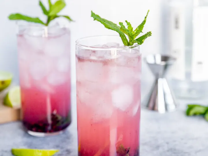 two blackberry mojitos with mint leaves and lime slices surrounding them