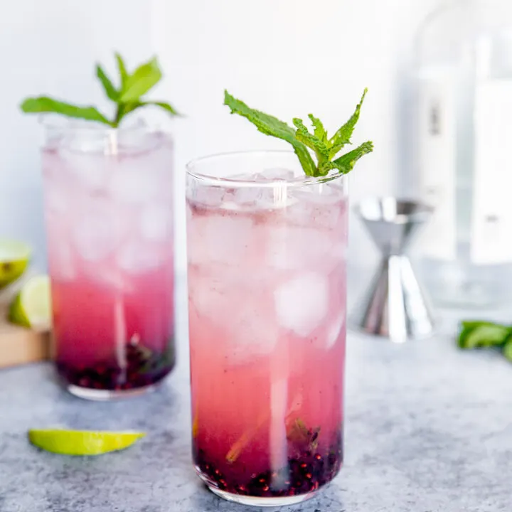 two blackberry mojitos with mint leaves and lime slices surrounding them