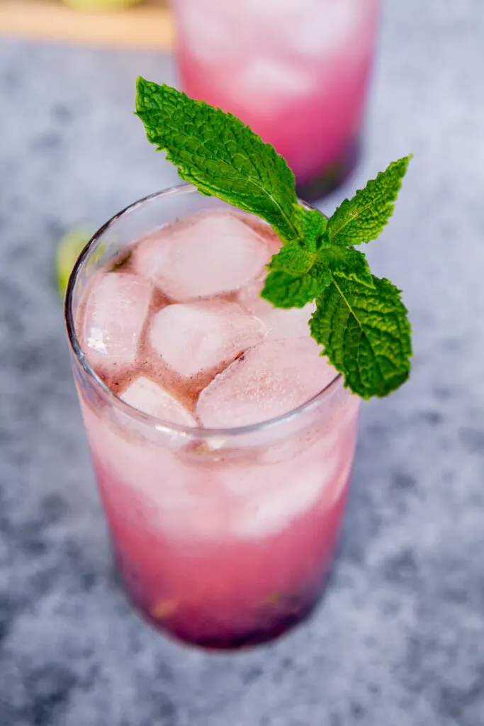 mint leaves on top of a glass of ice and blackberry mojito