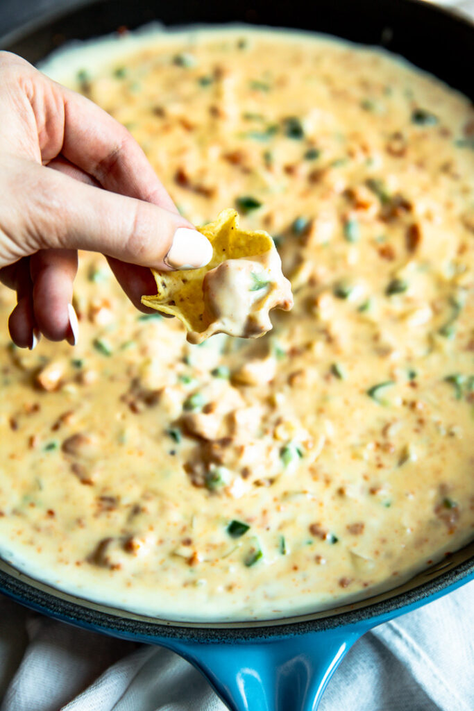 a hand holding a tortilla chip dipped in chorizo cheese dip