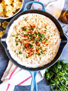 a blue pan with chorizo cheese dip topped with crumbled chorizo and diced cilantro surrounded by tortilla chips and cilantro