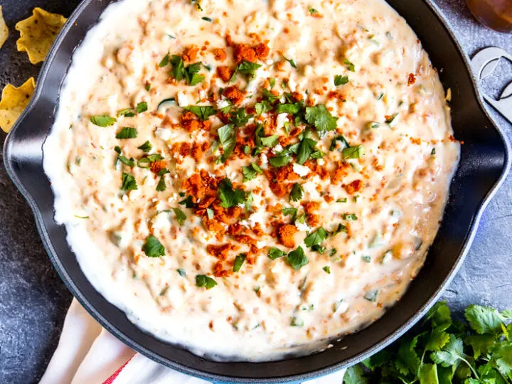 a blue pan with chorizo cheese dip topped with crumbled chorizo and diced cilantro surrounded by tortilla chips and cilantro