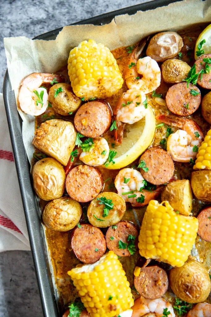 a closeup of the sheet pan shrimp boil