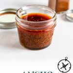 A small glass jar filled with a dark reddish-brown ancho marinade sits on a white surface. The lid and a container of spices are in the background. Text reads Ancho Marinade - The Culinary Compass.