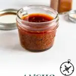 A small glass jar filled with a dark reddish-brown ancho marinade sits on a white surface. The lid and a container of spices are in the background. Text reads Ancho Marinade - The Culinary Compass.