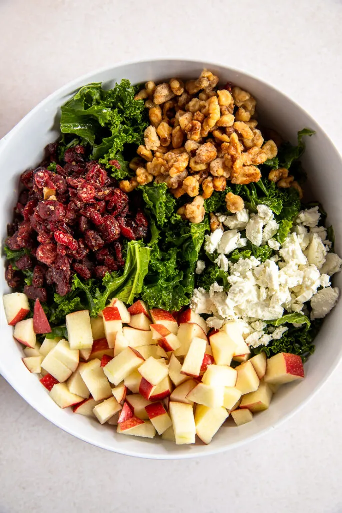 An overhead shot of a white mixing bowl filled with each of the ingredients for the salad in nice piles on top of the kale.