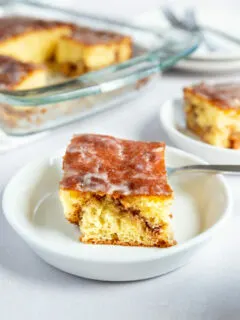 A front on shot of a slice of honey bun cake with a cinnamon swirl running through the middle.