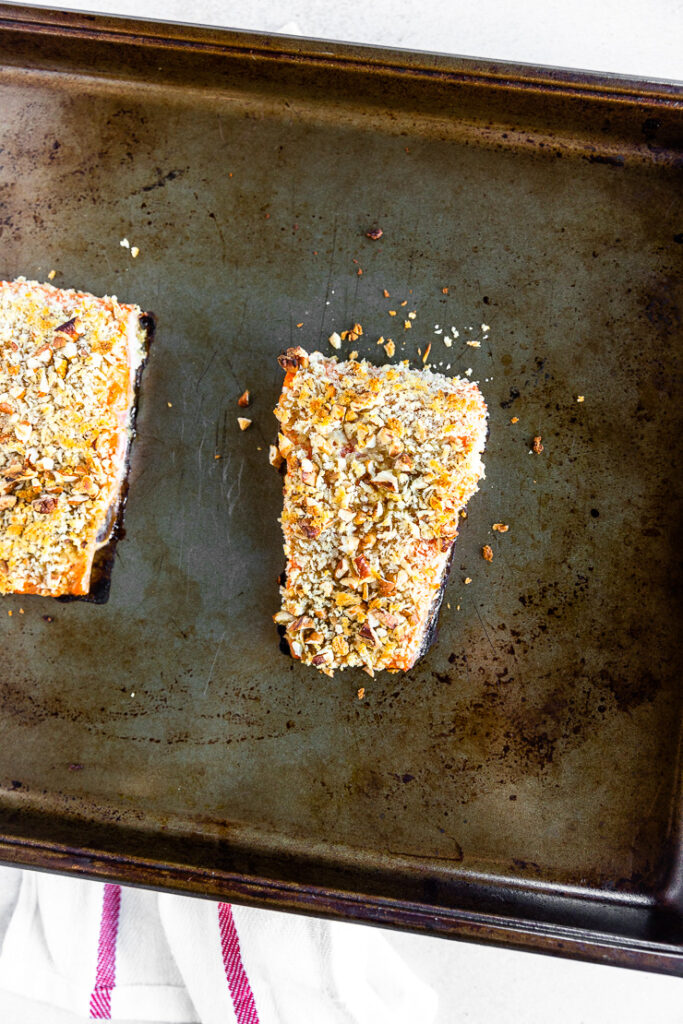 Two nicely toasted salmon filets topped with the pecan breadcrumb mixture.