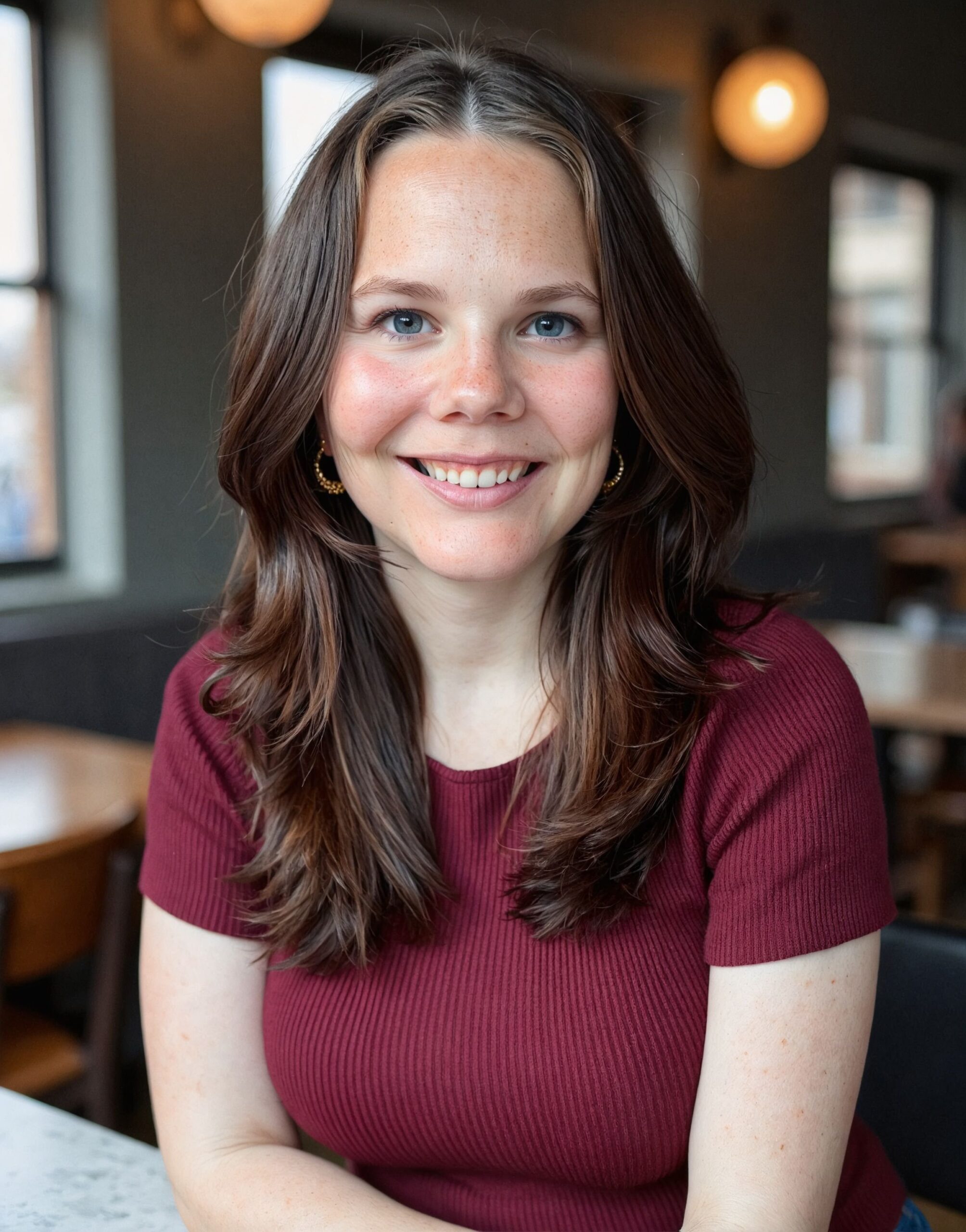 Sam, the founder of The Culinary Compass has long brown hair, wearing a maroon shirt and gold hoop earrings, sits smiling at a table in a cozy café with round lights and windows in the background.